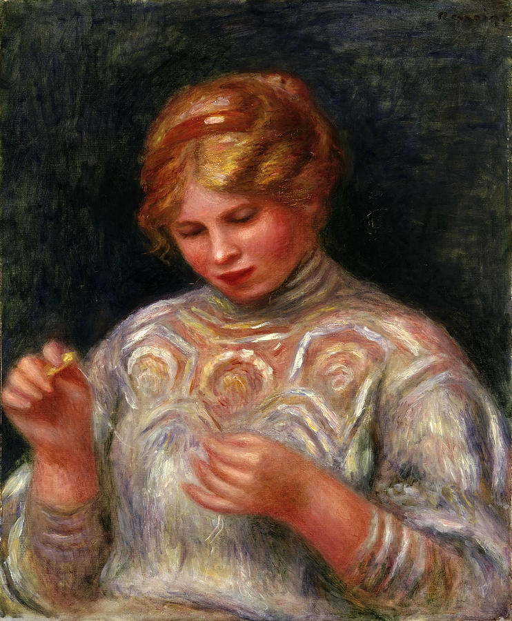 Girl Tatting Painting by Pierre-Auguste Renoir