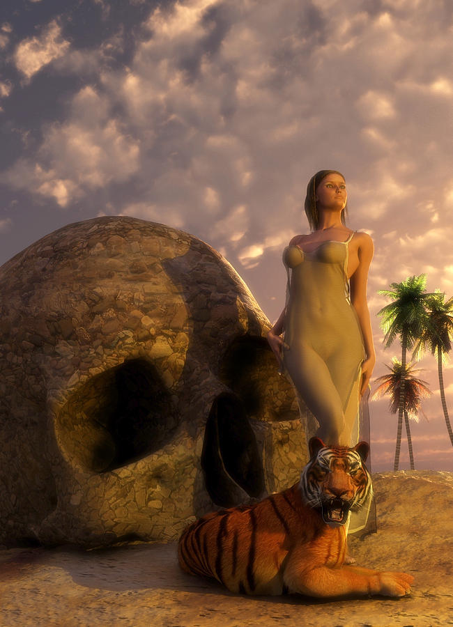 Girl Tiger and Giant Skull in the Desert Digital Art by Kaylee Mason