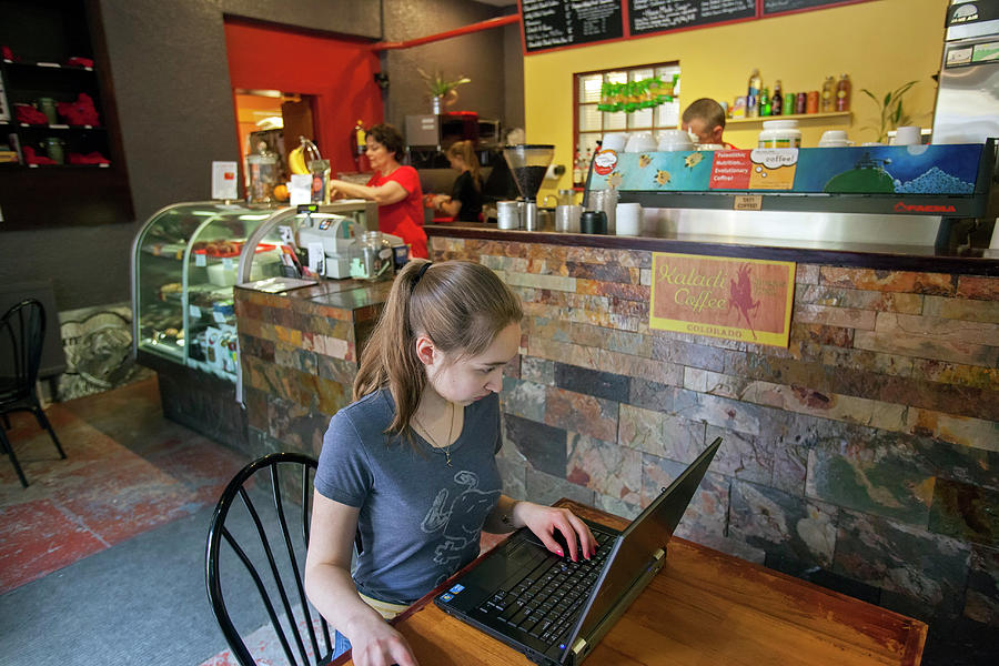 Girl Using A Laptop In A Cafe Photograph by Jim West