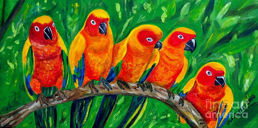 Girl Watchers  - Sun Conures Painting by Julie Brugh Riffey