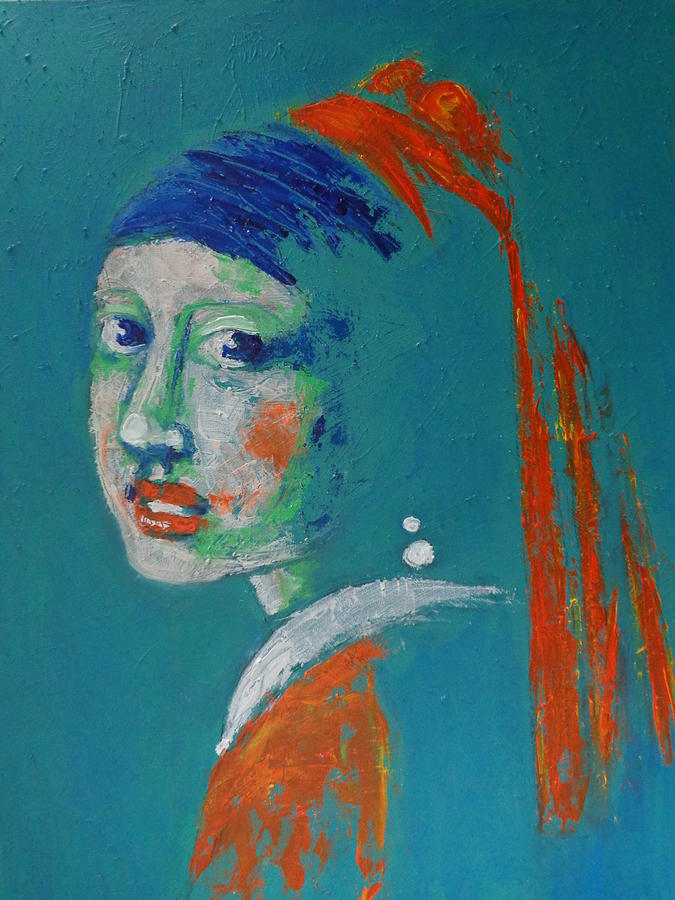 Girl With A Pearl Earring - Blue Portrait Painting by Carmen Tyrrell