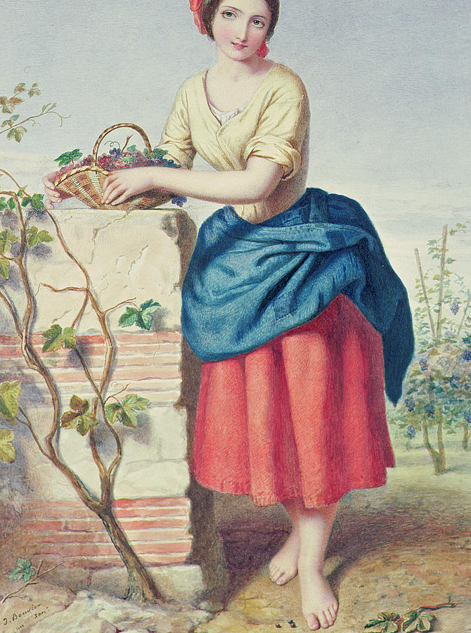 Portrait Painting - Girl with Basket of Grapes by Jules I Bouvier