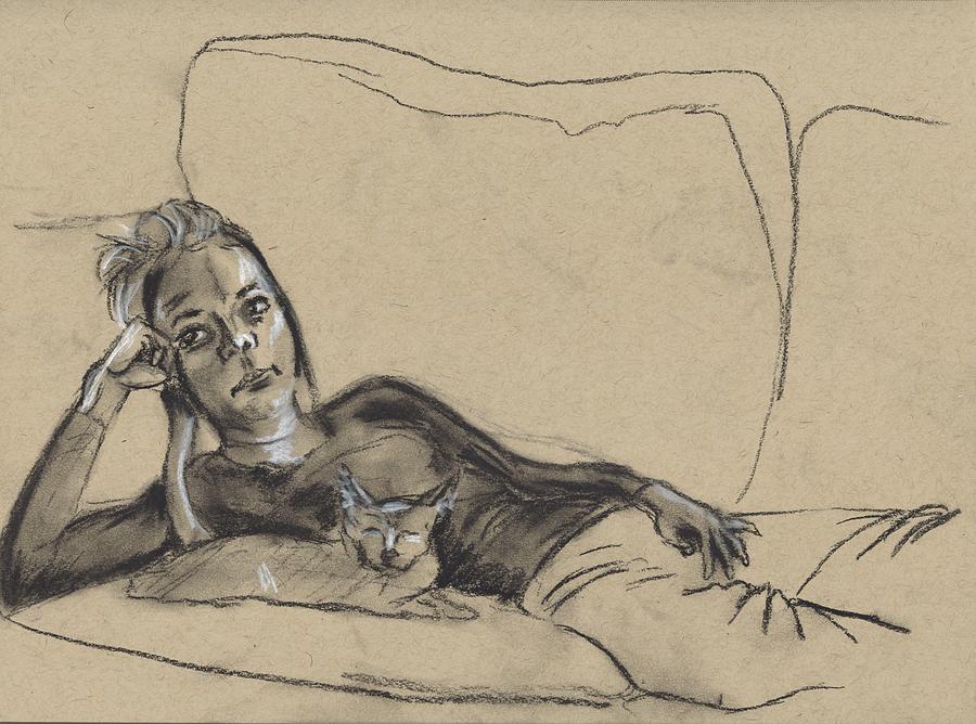 Girl with cat at sofa Drawing by Drew Eurek
