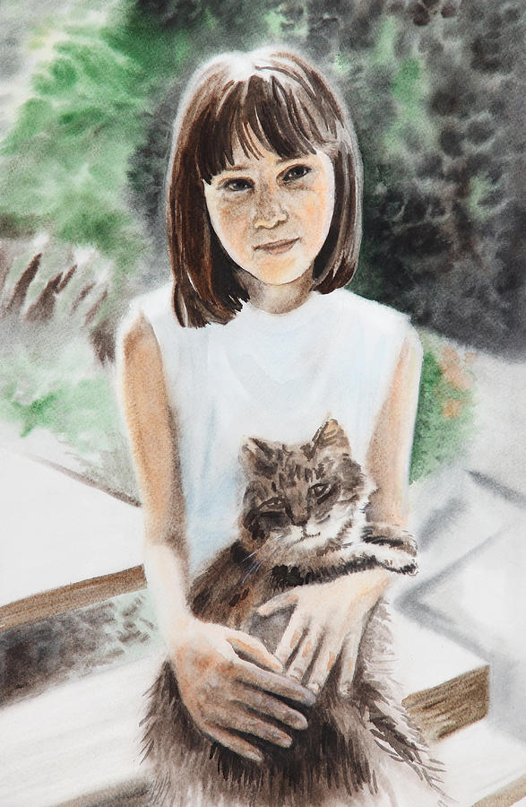 Girl with Cat Painting by Masha Batkova