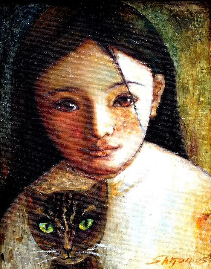 Girl with Cat Painting by Shijun Munns