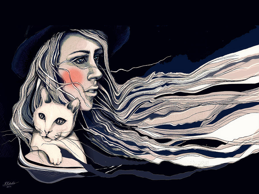 Portrait Digital Art - Girl with Cat by Zdralea Ioana