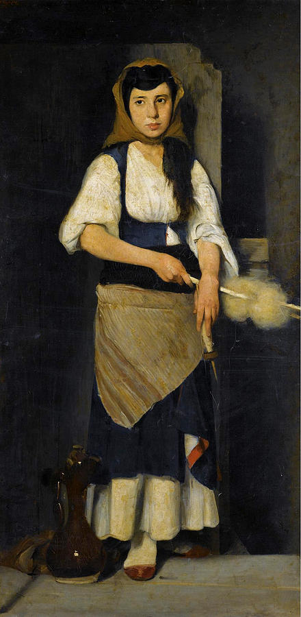 Greek Girl Painting - Girl with Distaff and Spindle by Polychronis Lempesis
