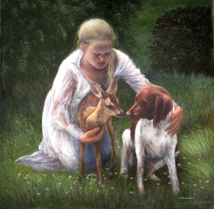 Girl With Fawn And Dog Painting By Sylvia Castellanos - Fine Art America