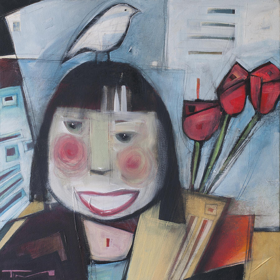 Girl With Flowers And Bird Painting by Tim Nyberg