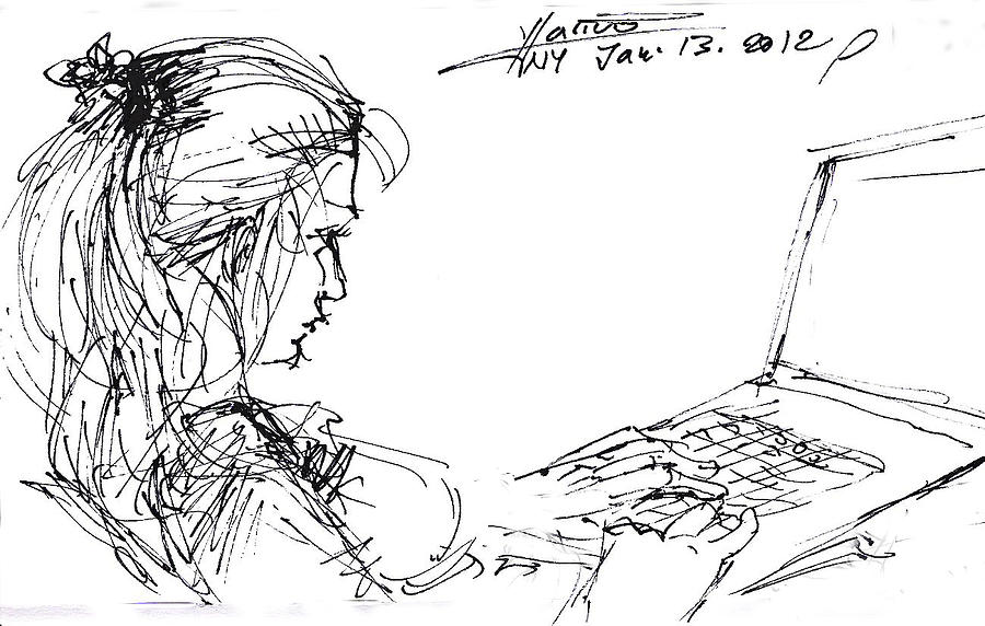 Sketch Drawing - Girl With Laptop  by Ylli Haruni