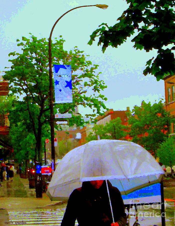 Girl With Large Umbrella Its Raining Its Pouring April Showers Montreal Scenes Carole Spandau Art Painting by Carole Spandau