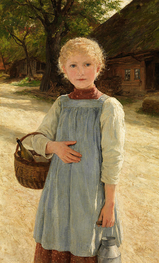 Girl with milk jug and basket Painting by Albert Anker
