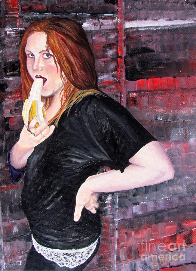 Girl with red hair in black about to eat a banana Painting by Aarron  Laidig
