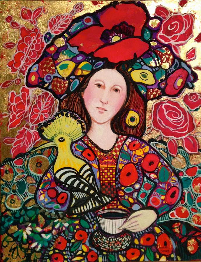Flower Painting - Girl with red hat and yellow bird by Marilene Sawaf