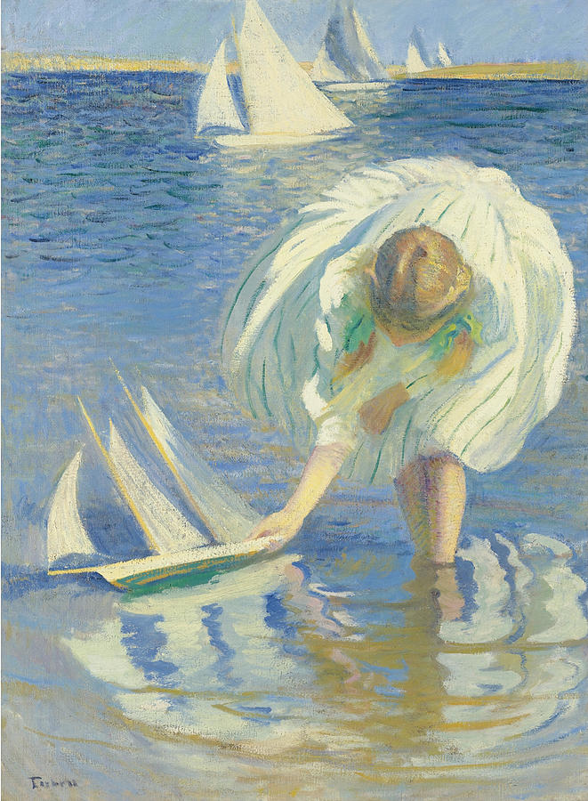 Beach Painting - Girl with Sailboat by Edmund Charles Tarbell