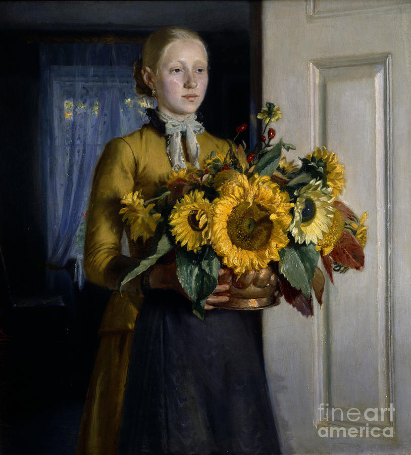 Girl with sunflowers Painting by Michael Ancher
