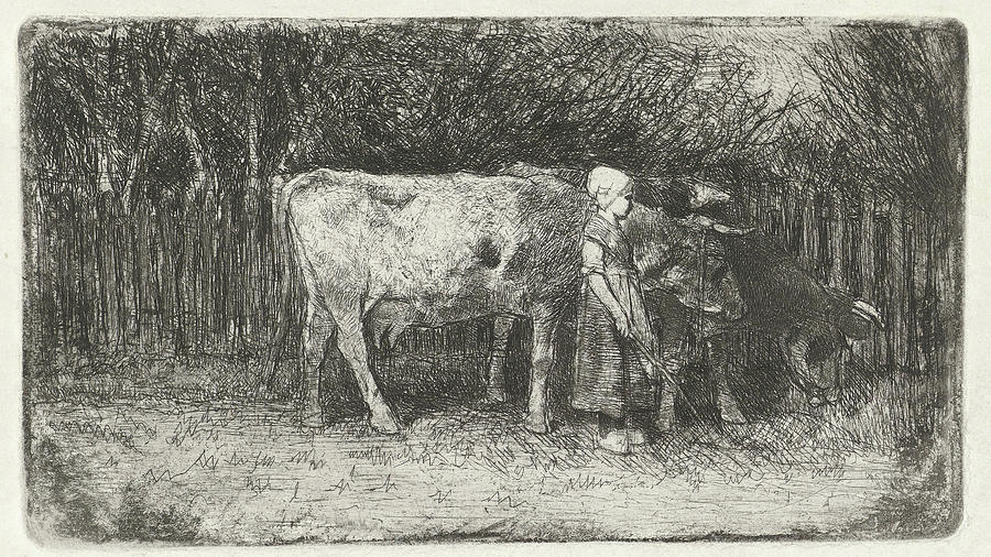Anton Mauve Drawing - Girl With The Cows, Anton Mauve by Anton Mauve