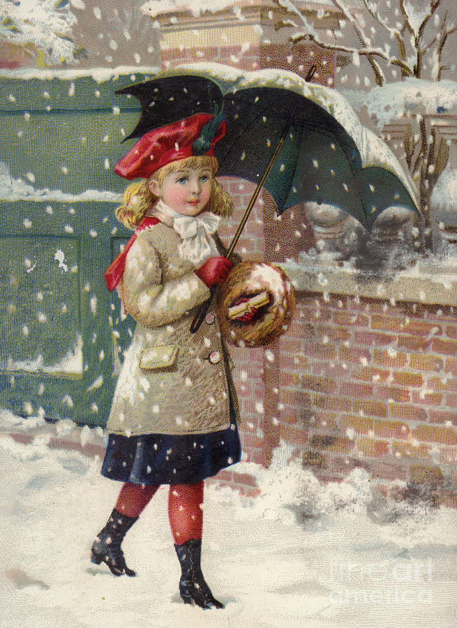 Christmas Painting - Girl with umbrella in a snow shower by American School