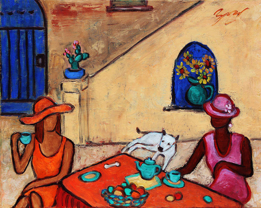 Coffee Painting - Girlfriends Teatime II by Xueling Zou