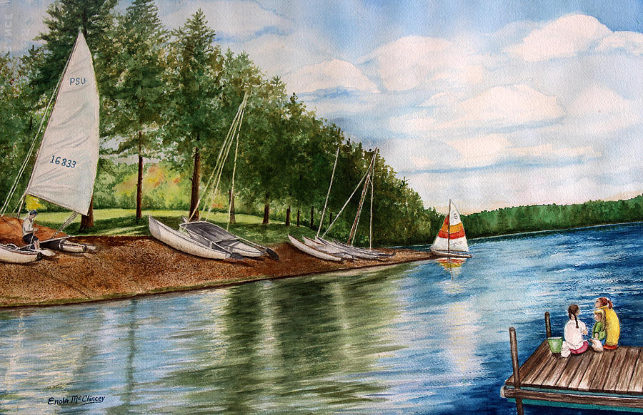 Sailboats Painting - Girls Day At The Lake by Enola McClincey Sailboats Painting - Girls Day At The Lake by Enola McClincey