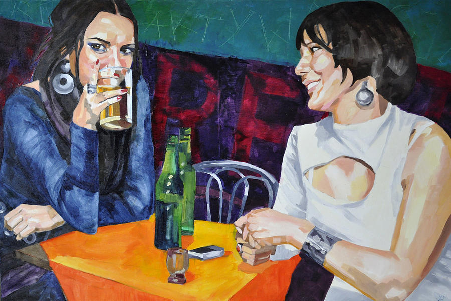 Beer Painting - Girls drinking beer. by Joanna Pilarczyk