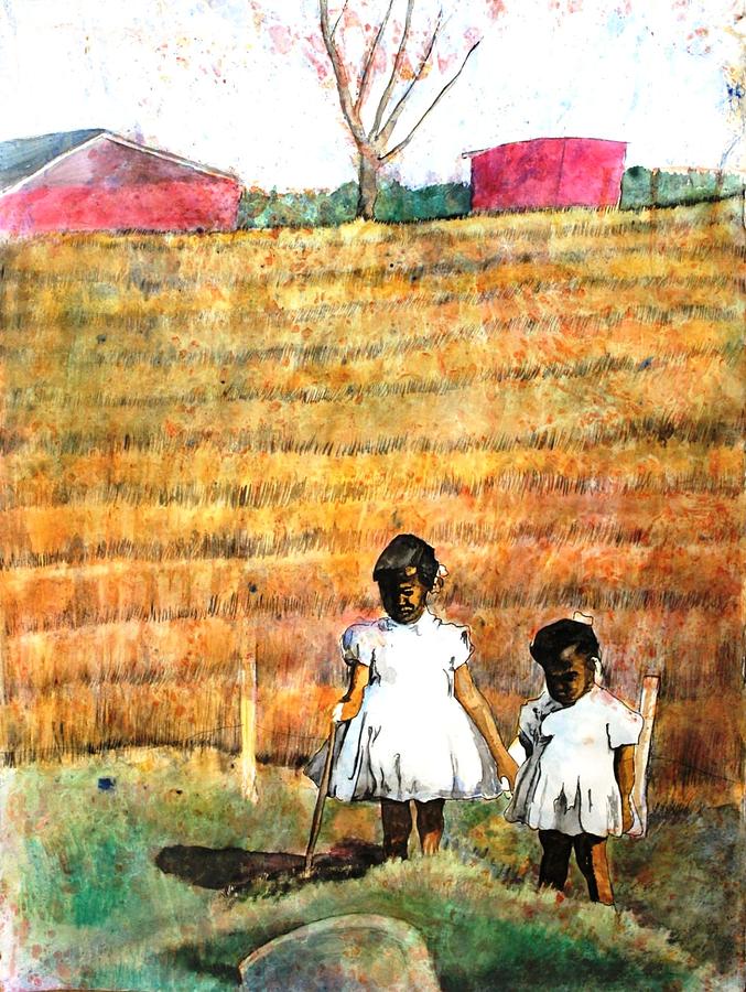 Black Painting - Girls in the Field by Ron Carson