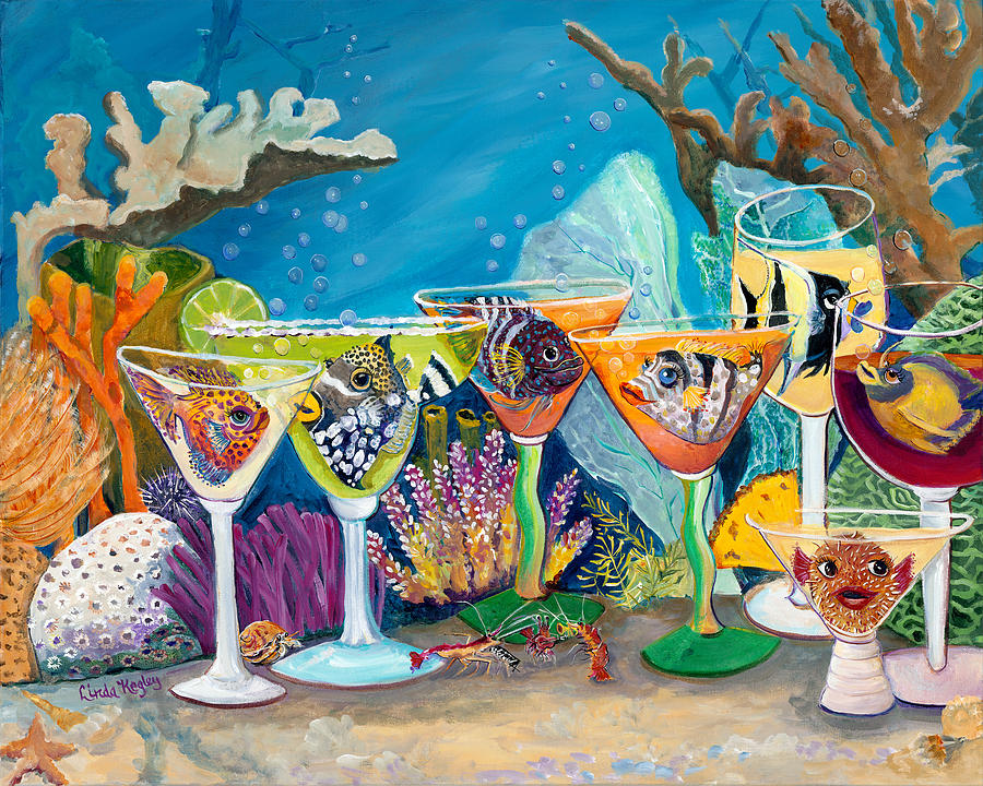 Coral Reef Painting - Girls Night Out at the Reef Bar by Linda Kegley