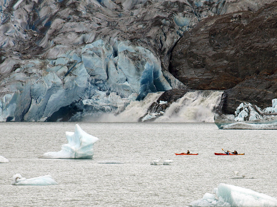 Kayakers On Mendenhall Lake Next To The Glacier And Waterfalls In Juneau Alaska Photograph