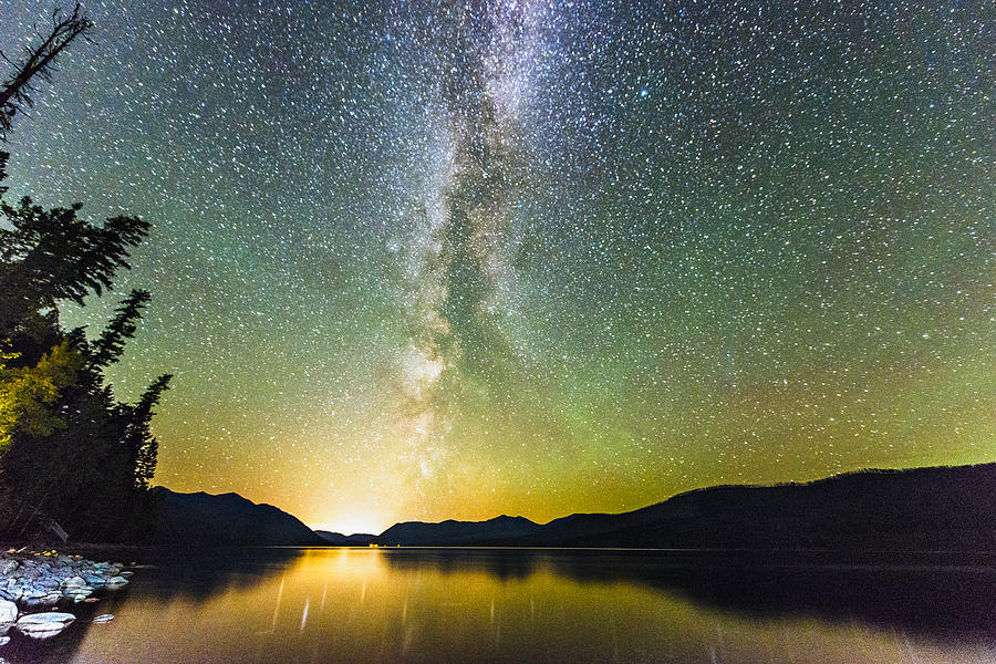 Glacier National Park Night Stars Reflection in Scenic Lake Montana Photograph by Boogich
