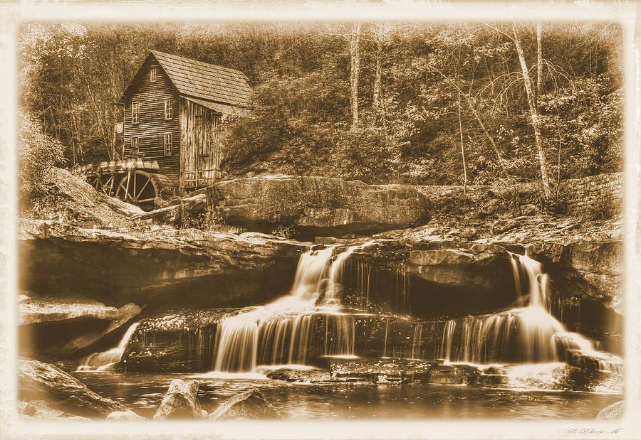 Glade Creek Grist Mill 1B - Autumn Late Afternoon Babcock State Park WV  Sepia Photograph by Michael Mazaika
