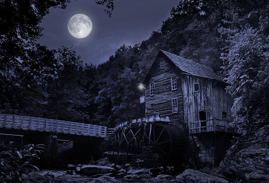 Glade Creek Grist Mill at Night Photograph by Lisa Lambert-Shank