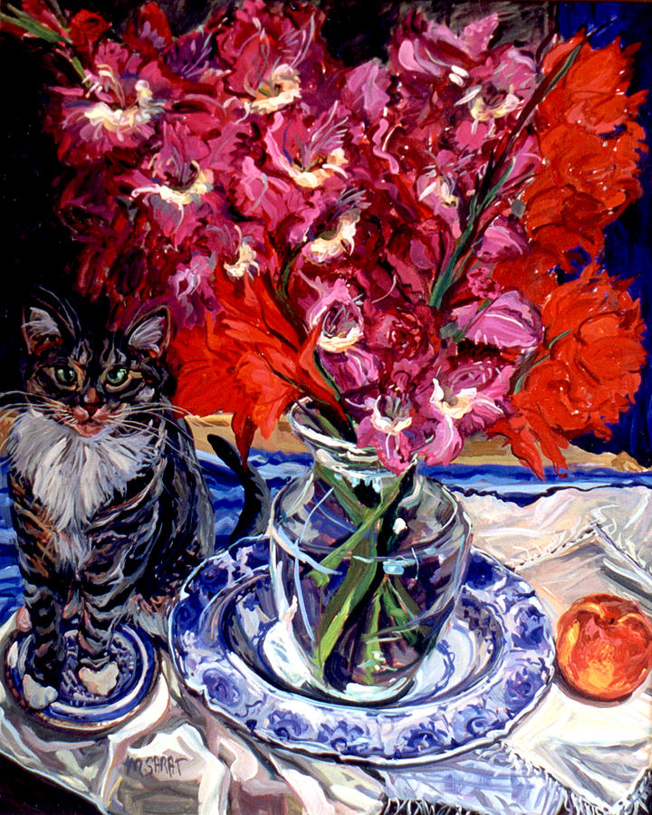 Peach Painting - Gladioluses and Cat by Melissa Sarat