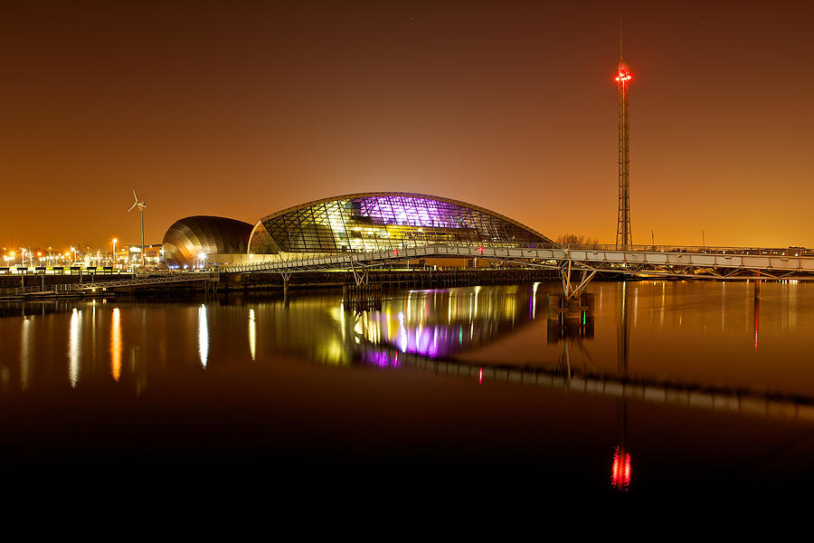 Glasgow Science Centre on a tofee coloured sky Photograph by Stephen Taylor