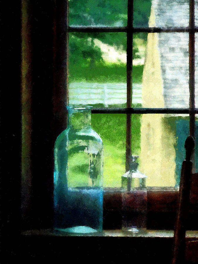 Bottle Photograph - Glass Bottles on Windowsill by Susan Savad