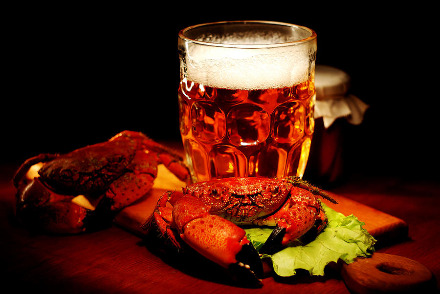 Beer Photograph - Glass of beer with snack  by Anna Aybetova