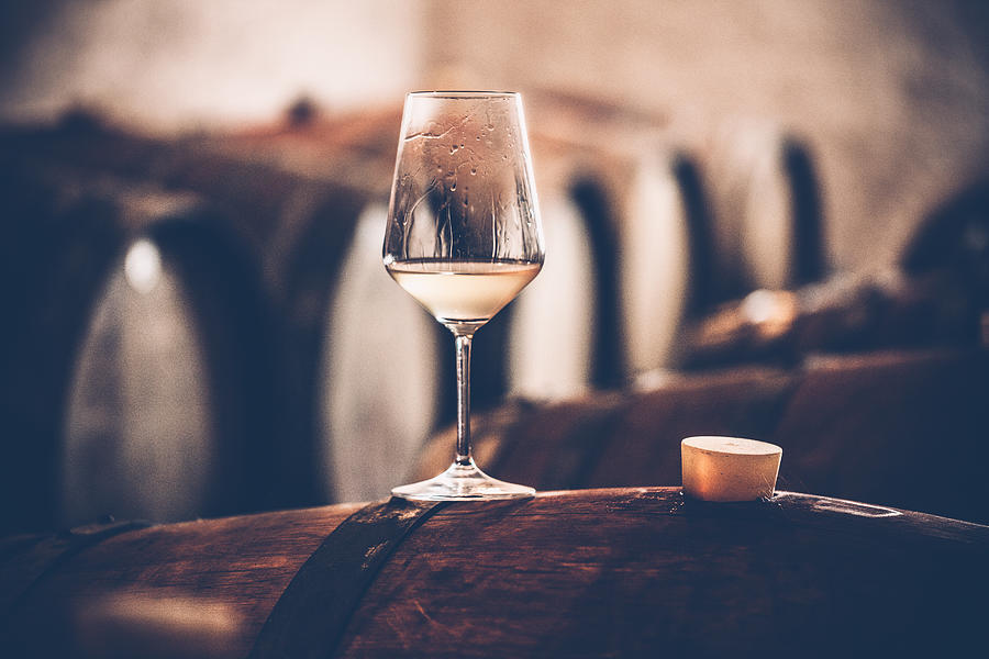 Glass of White Wine on a Barrel in Wine Cellar Photograph by CasarsaGuru