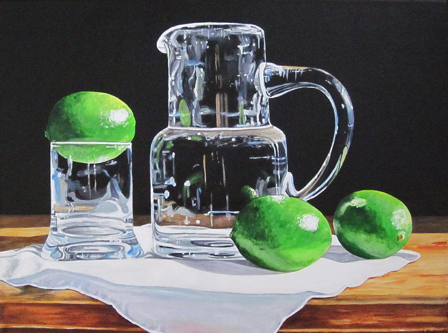 Still Life Painting - Glass pitcher and limes by Lillian  Bell
