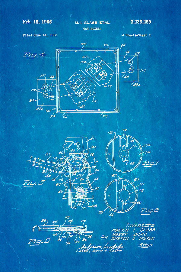 Glass Rock Em Sock Em Robots Toy Patent Art 2 1966 Blueprint Photograph ...