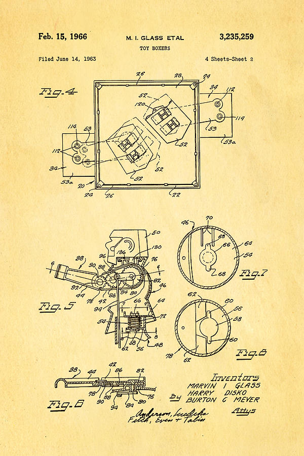 Toy Photograph - Glass Rock Em Sock Em Robots Toy Patent Art 2 1966 by Ian Monk