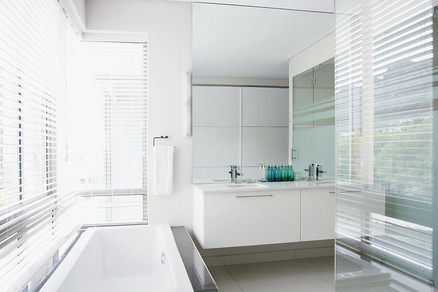 Glass walls and bathtub in elegant bathroom Photograph by Martin Barraud