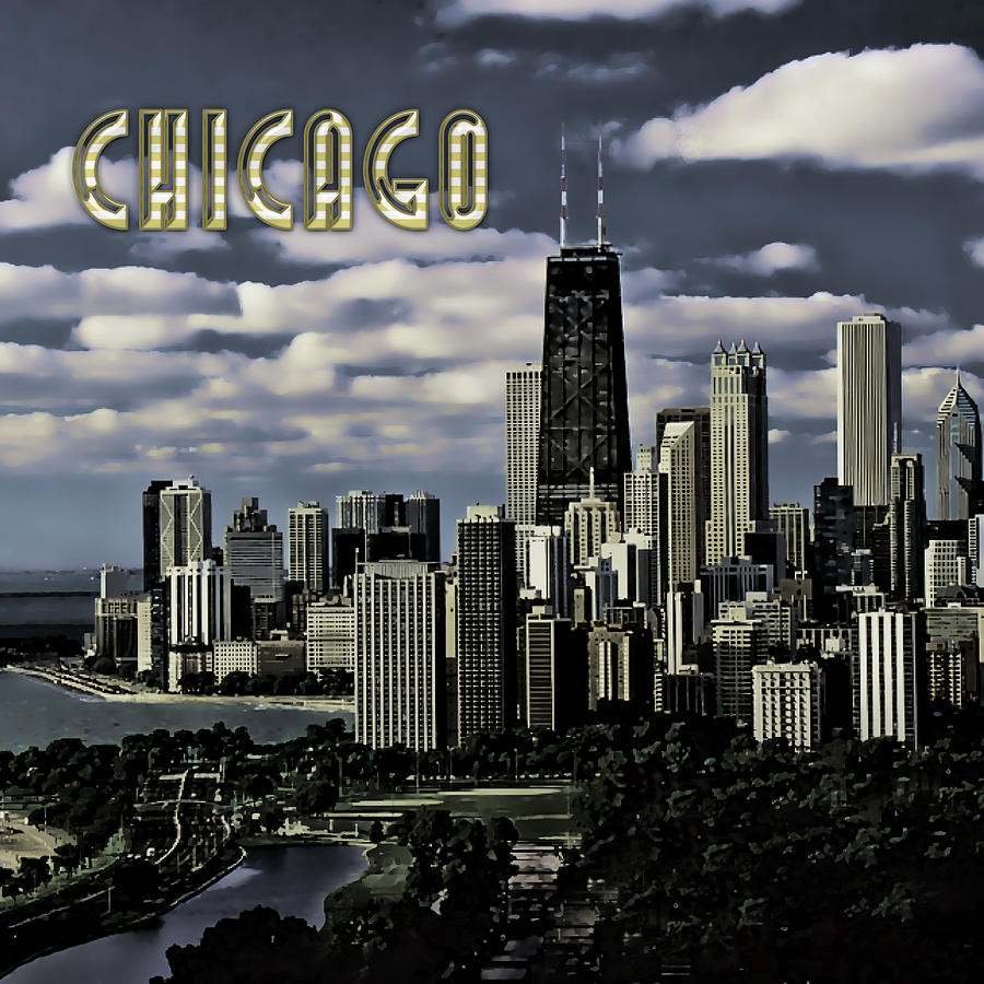 Glittering Chicago with text CHICAGO Painting by Elaine Plesser - Fine ...