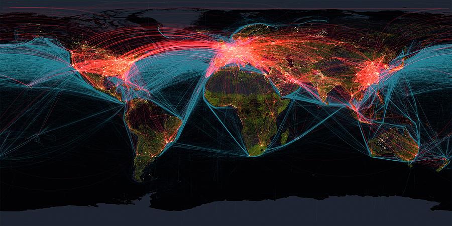 Global Transport Networks On Night Map Photograph by Noaa