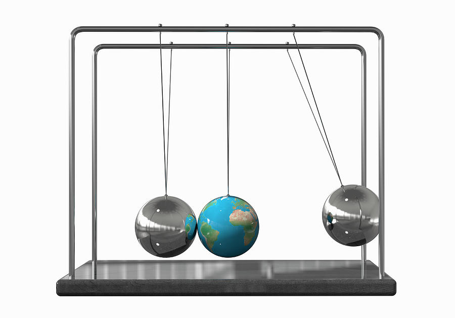 Globe As Ball On Newtons Cradle Photograph by Ikon Images