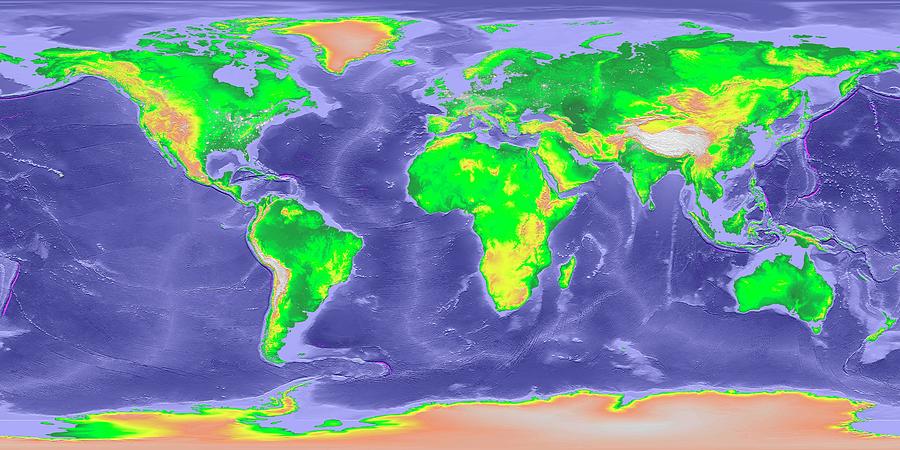 Globe World Map With Bathymetry And City Lights Photograph by Noaa ...