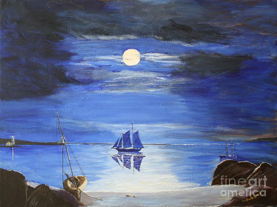 Lighthouse Painting - Gloucester Harbor by Moonlight by Bill Hubbard