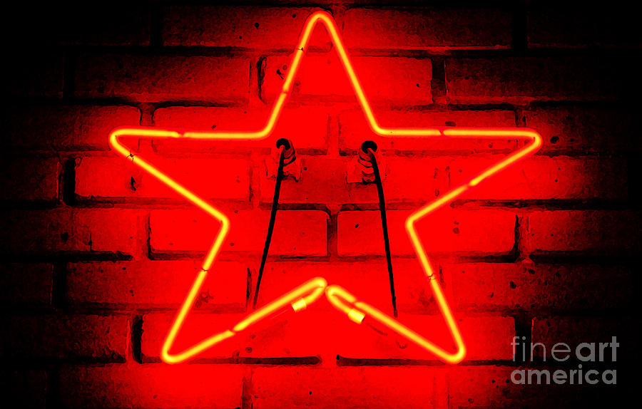 Glowing Red Neon Star Shaped Tavern Wall Decor Fresco Digital Art Digital Art by Shawn OBrien