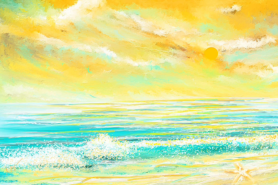 Turquoise Painting - Glowing Waves - Seascapes Sunset Abstract by Lourry Legarde