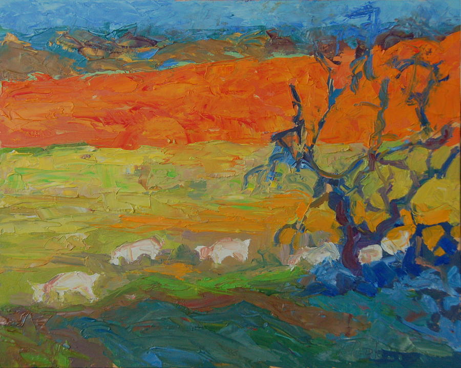 Goats with Orange Hill and Blue Tree Painting by Thomas Bertram POOLE