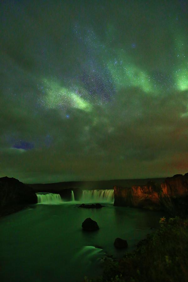 Waterfall Photograph - Godafoss Aurora by David Broome