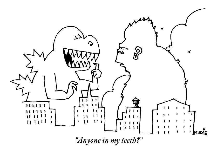 Godzilla, Pointing At His Own Teeth, Asks King Drawing by Ariel Molvig